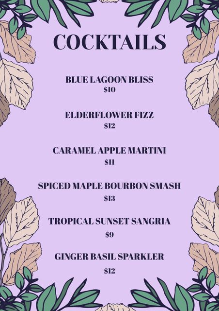 This visually appealing floral-themed cocktail menu features a list of stylish drinks such as 'Blue Lagoon Bliss' and 'Spiced Maple Bourbon Smash.' Ideal for use in upscale bars, restaurants, weddings, or special events, this menu brings a touch of sophistication to any setting. The floral border adds a festive touch, making it perfect for spring or summer occasions.