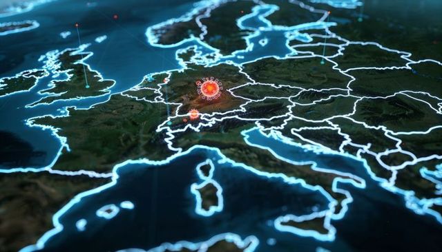Neon Europe Outbreak Map with Pulsing Virus Marker, 3D Geospatial AI-generated Visualization