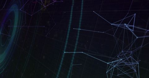 Glowing Neon Network Wireframe Connecting on Dark Gridded Plane with Radar Rings