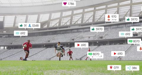 Rugby Players Running Amidst Social Media Notifications Overlay