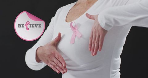 Breast Cancer Awareness with Pink Ribbon on Woman's Shirt