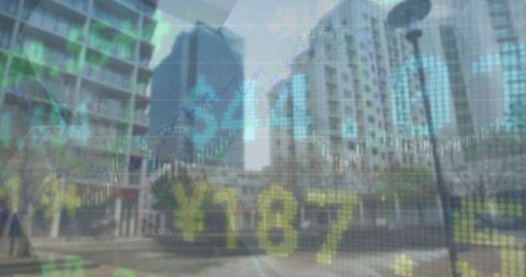 Modern Financial District with Stock Market Analytics Overlay