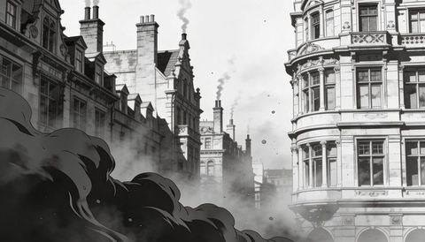Victorian street billowing with smoke, ornate facades and industrial chimneys