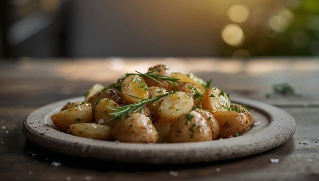 Serving roasted baby potatoes with rosemary on rustic ceramic plate