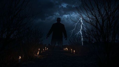 Frankenstein silhouette on candlelit path during stormy night