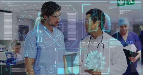 Medical Professionals Analyzing Holographic COVID-19 Data