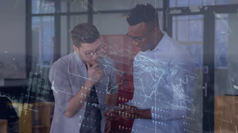 Diverse Coworkers Discussing Technology with Global Overlay