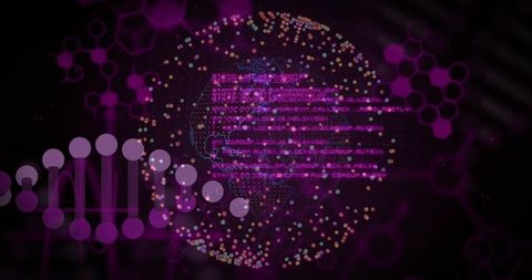 Holographic dna globe visualizing genomic data stream with neon cybernetic network, biotech