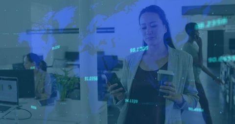 Asian Businesswoman Using Smartphone Surrounded by Digital Data