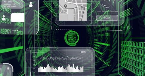 Futuristic Data Analytics Interface with Complex HUD Features