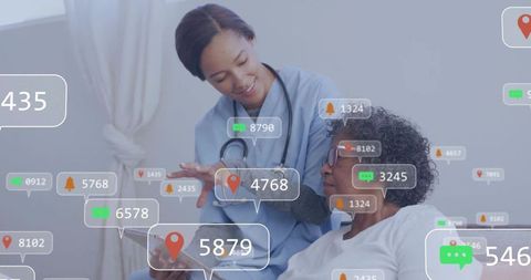 Nurse pointing at tablet while caregiver consulting elderly woman with telehealth overlays
