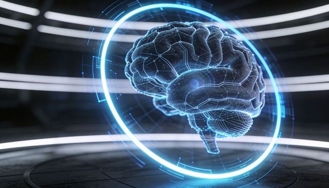 Rotating Holographic Brain Wireframe with HUD Overlays for AI Neural Network Visualization