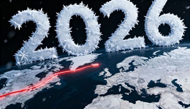 Frost-covered 2026 numerals hovering above north atlantic tracing red neon route
