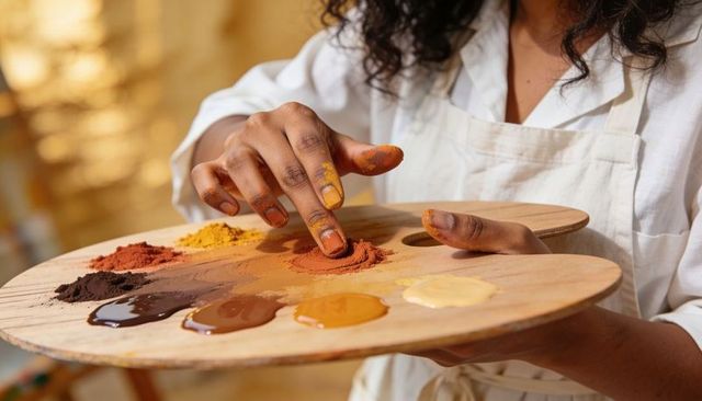 Artist mixing warm earth pigments on wooden palette closeup of hands and texture in studio