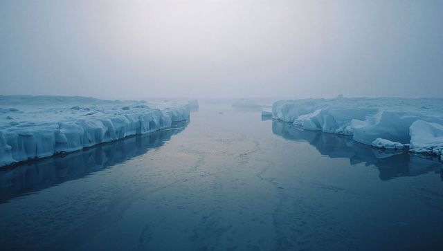 Foggy polar ocean with thick ice floes and open water channel