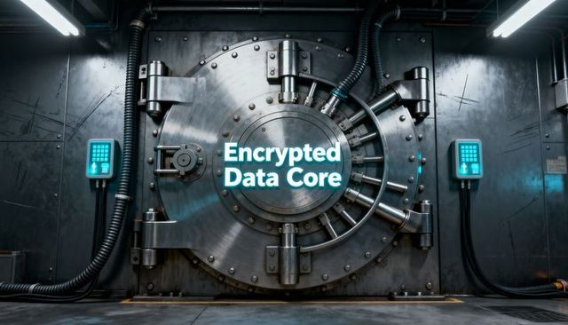 High-security steel data vault door with encrypted data core label and glowing keypads