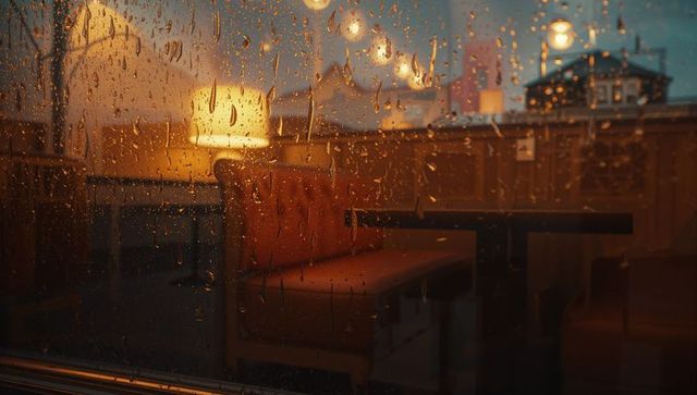 Rain-soaked window overlooking cozy cafe interior with warm lighting