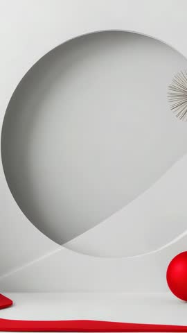 Vertical video showing circular wall recess with geometric curves red sphere and ribbon