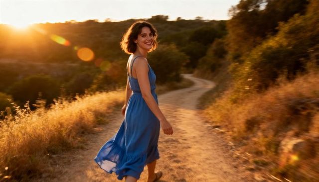Woman in blue dress turning toward camera walking on sunlit winding dirt trail at sunset