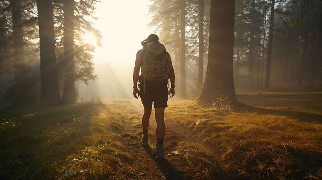 Backlit Hiker Walking Through Misty Pine Forest at Sunrise with Backpack and Hiking Boots