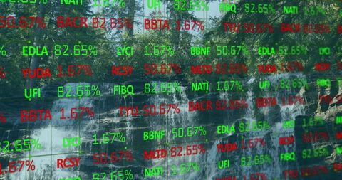 Double exposure of waterfall and stock market tickers