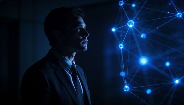 Business leader studying holographic network with glowing nodes and ai projection