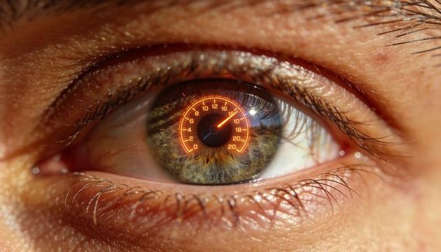 Close-up hazel eye with glowing speedometer reflection symbolizing human-machine fusion