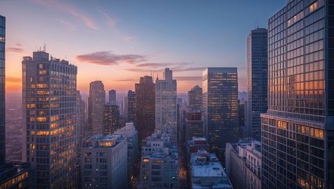 Modern skyscrapers in warm sunset glow
