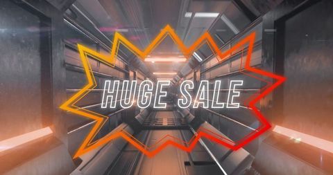 Huge sale banner in futuristic tunnel corridor