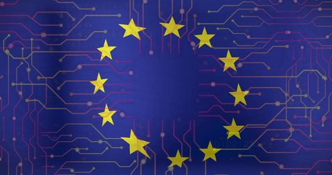 European union flag with circuit board overlay represents digital innovation