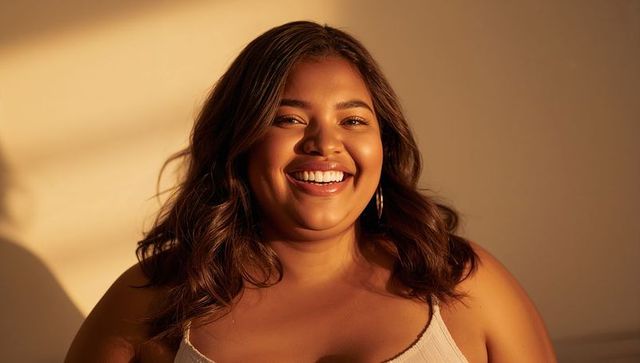 Smiling woman laughing and tilting in golden hour light, warm cream tones, closeup