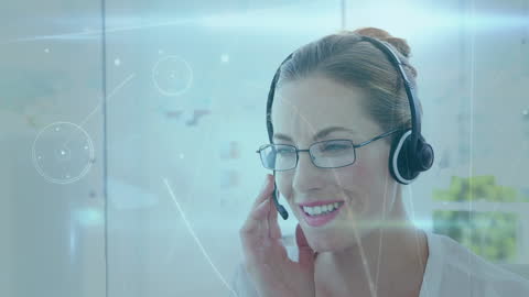 Smiling Businesswoman Using Headset with Digital Interface
