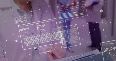 Woman tapping holographic analytics UI with numeric dashboards and network visualization