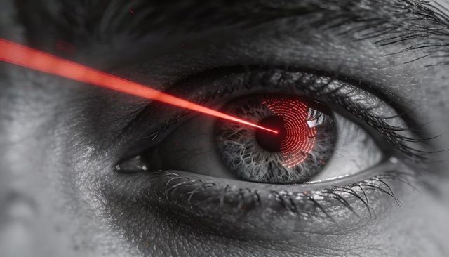 Scanning eye with red laser and biometric iris pattern for cybersecurity and ophthalmic diagnostics