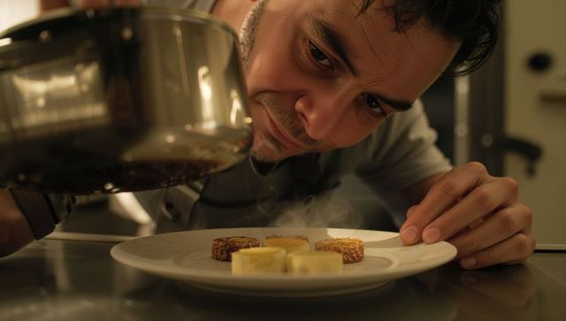 Chef pouring sauce, plating steaming desserts with precision and focused detail