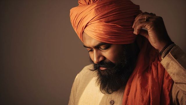 Bearded man touching orange turban, contemplative portrait in warm light, traditional attire