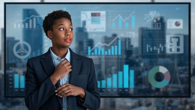 Businesswoman adjusting collar examining digital finance dashboard against urban skyline