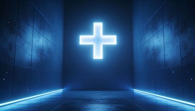 Futuristic glowing plus sign casting blue neon across reflective tiled chamber symmetry