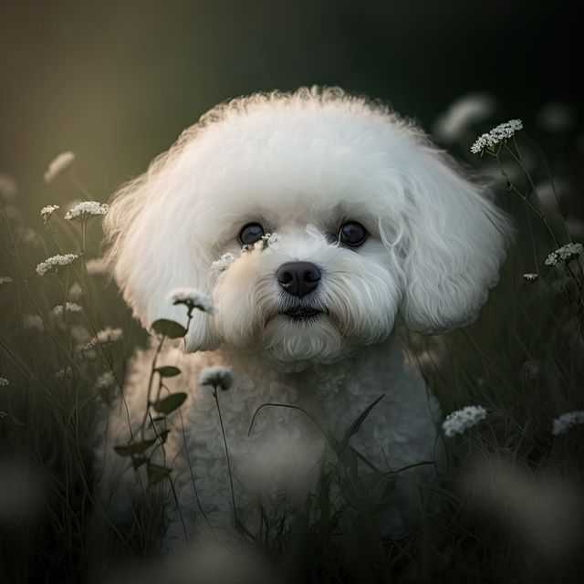 Adorable white Bichon Frise with fluffy curly fur sitting in a grassy flower field, delicate white flowers surrounding. Perfect for use in pet blogs, breed information sites, greeting cards, and nature-themed content.