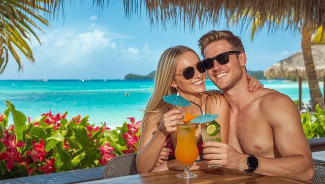 Happy couple enjoying cocktails in tropical paradise on vacation