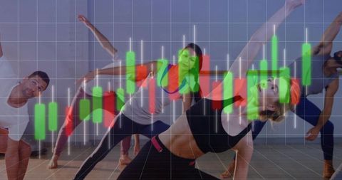 Group stretching class performing side-bend stretches with candlestick stock chart overlay