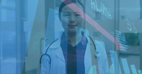 Chinese female doctor with stethoscope and clinical analytics dashboard overlay