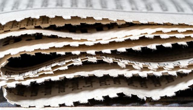 Macro detail of torn deckle-edged sheet music revealing frayed fibers and layered texture