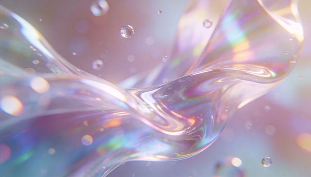 Twisting iridescent ribbon of liquid glass flowing with pastel bokeh and floating droplets