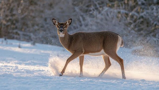 Backlit deer bounding through snow spray at forest edge during golden hour winter wildlife