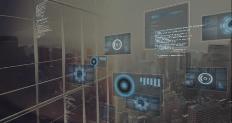 Digital Interface Icons Over Modern Cityscape Illustration