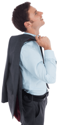 Confident Businessman Smiling With Suit Jacket Drape in Side View