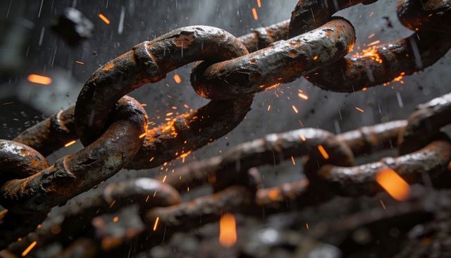 Rusted chain links sparking with embers and rain closeup industrial corrosion texture