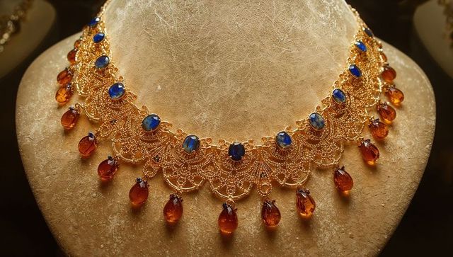 Luxurious gold filigree necklace with gemstone detailing