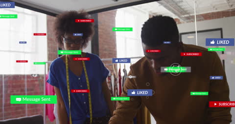 Digital Networking in a Modern Office with Overlay Icons